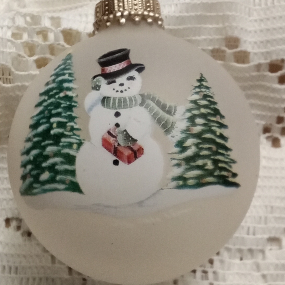 Festive Snowman Holiday Ornament - White and Green Hand Painted Vintage Syaba